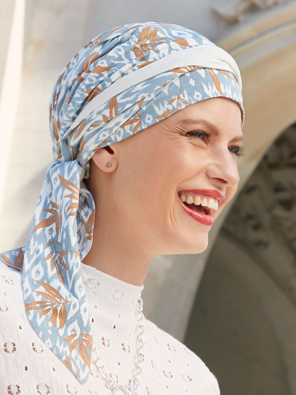 Sjaalmutsje Beatrice - Ikat Blues - chemo sjaaltje / alopecia hoofddoekje Chemo mutsjes Christine - Sjaalmutsje Beatrice - Ikat Blues - voorgevormd chemo sjaaltje