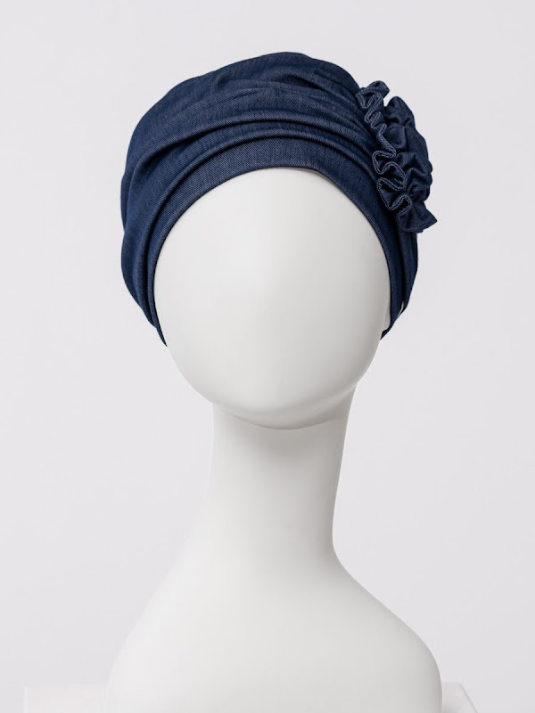 Hippe chemo mutsjes - Turban HocLotus Dark Blue Denim - chemo muts winkel
