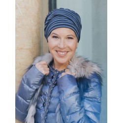Mutsje Lucia - Glowing striped blue - chemo mutsje / alopecia hoofdbedekking Hippe chemo mutsjes winkel - Mutsje Lucia - Glowing striped blue