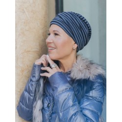 Mutsje Lucia - Glowing striped blue - chemo mutsje / alopecia hoofdbedekking Hippe chemo mutsjes winkel - Mutsje Lucia - Glowing striped blue